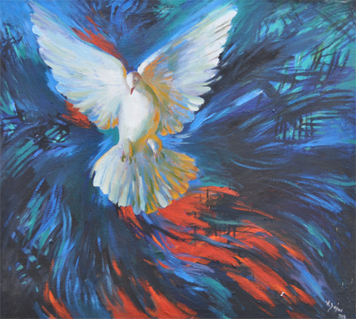 Spirit of Freedom, Shpirti i Lirisë, L'Esprit de la Liberté – dynamic white bird in flight on vivid blue and red background, oil on canvas, huile sur toile, vaj në pëlhurë, painting by Agim Zajmi